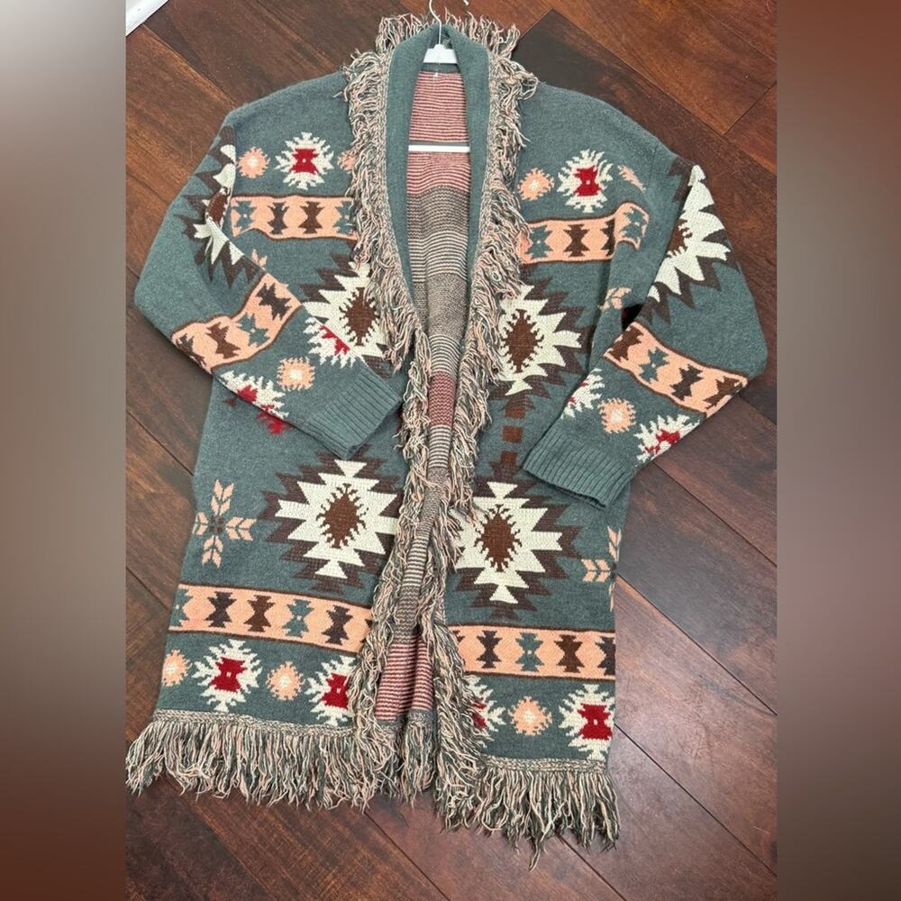 Spool 72 Velvet Moon Blanket Sweater Aztec Print Cardigan Duster M/L - Picture 9 of 9